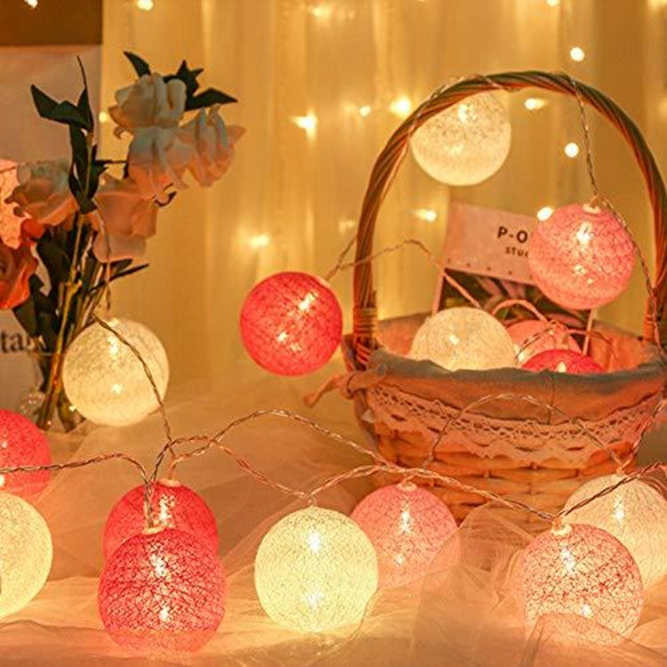 5.5 FT | 10 LED Battery Operated Pink Round Cotton Ball String Lights With  Timer
