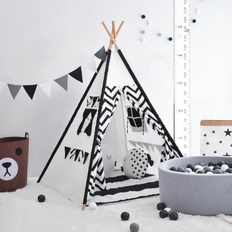 Teepee Tent For Kids - Black & White Stripe 4 Panels – iKids